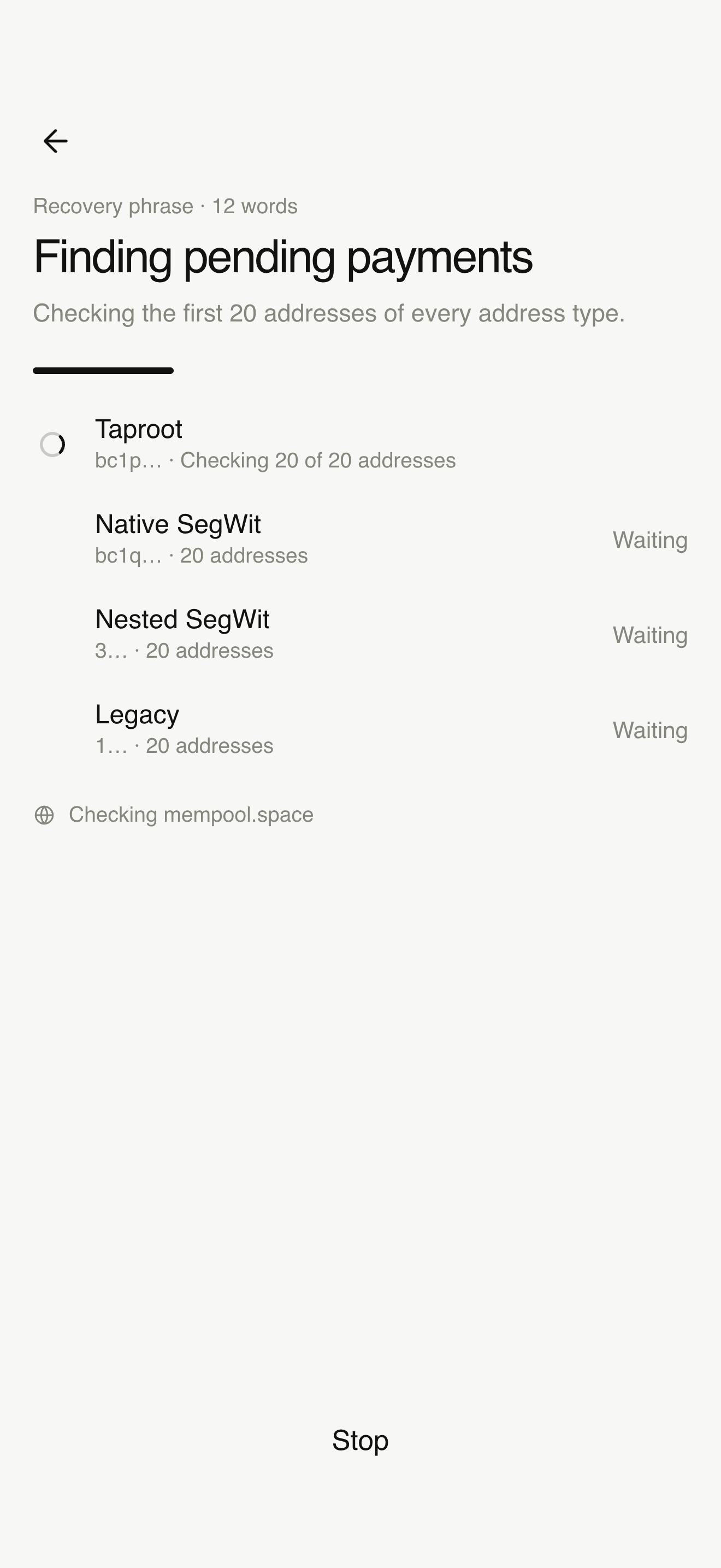 Finding pending payments across address types